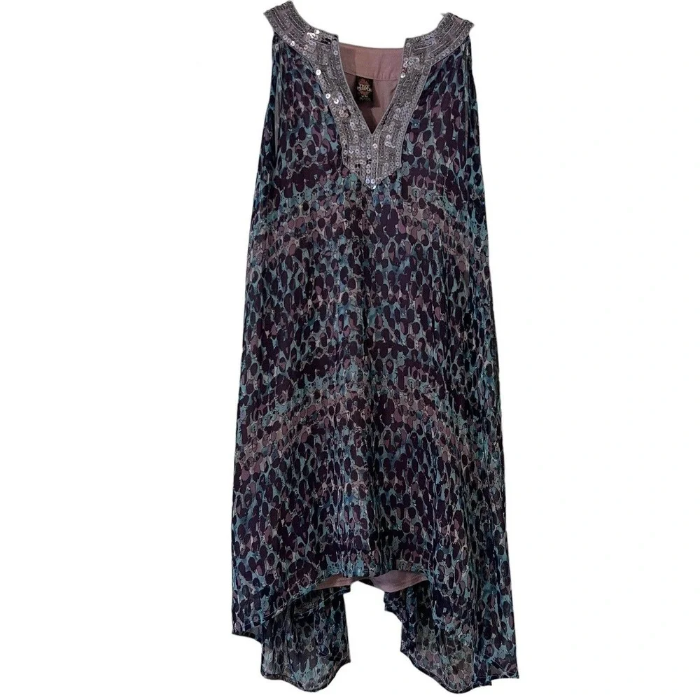 🌵 Free People Purple Blue Silver Sequins Neckline Flowy Dress with Under Dress